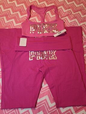 VS PINK Cotton Bling Foldover Flare Pants & Sports Bra Set Size M